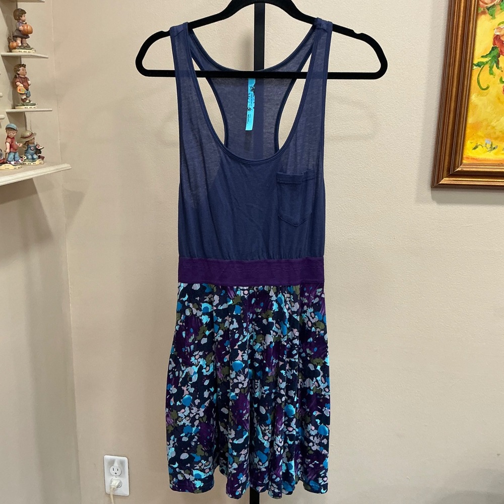 Free People Mini Dress Small Blue Purple Floral Racerback Pocket Boho Fit Flare